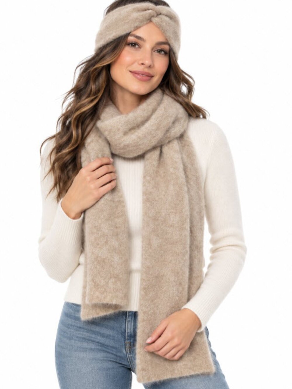 Beige Alpaca Wool Blend Scarf Twist Headband Set Simons Fuzzy Knit Chic Preppy